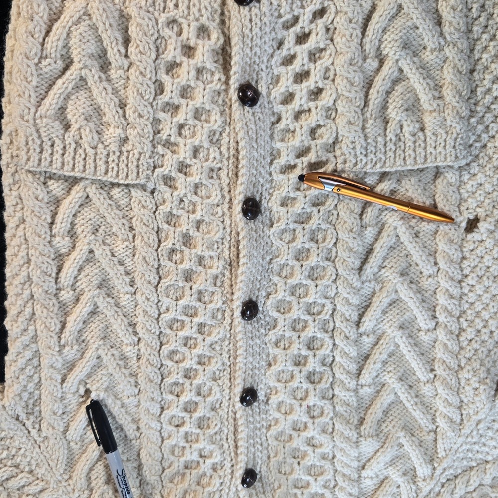 Vintage Handknits Irish Wool Cardigan Cream Aran Cable Knit Sweater Men M *flaw - Picture 8 of 12